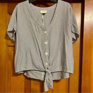 V Neck Striped Button Down Blouse